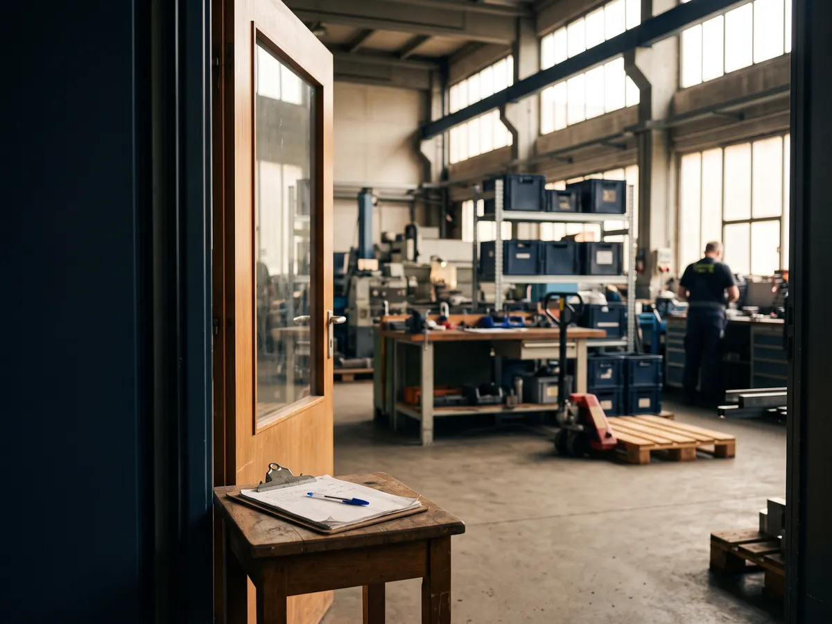 Blick aus dem Büro in die Produktionshalle: Werkbank, Regale und Hubwagen, vorne ein Klemmbrett mit Stift